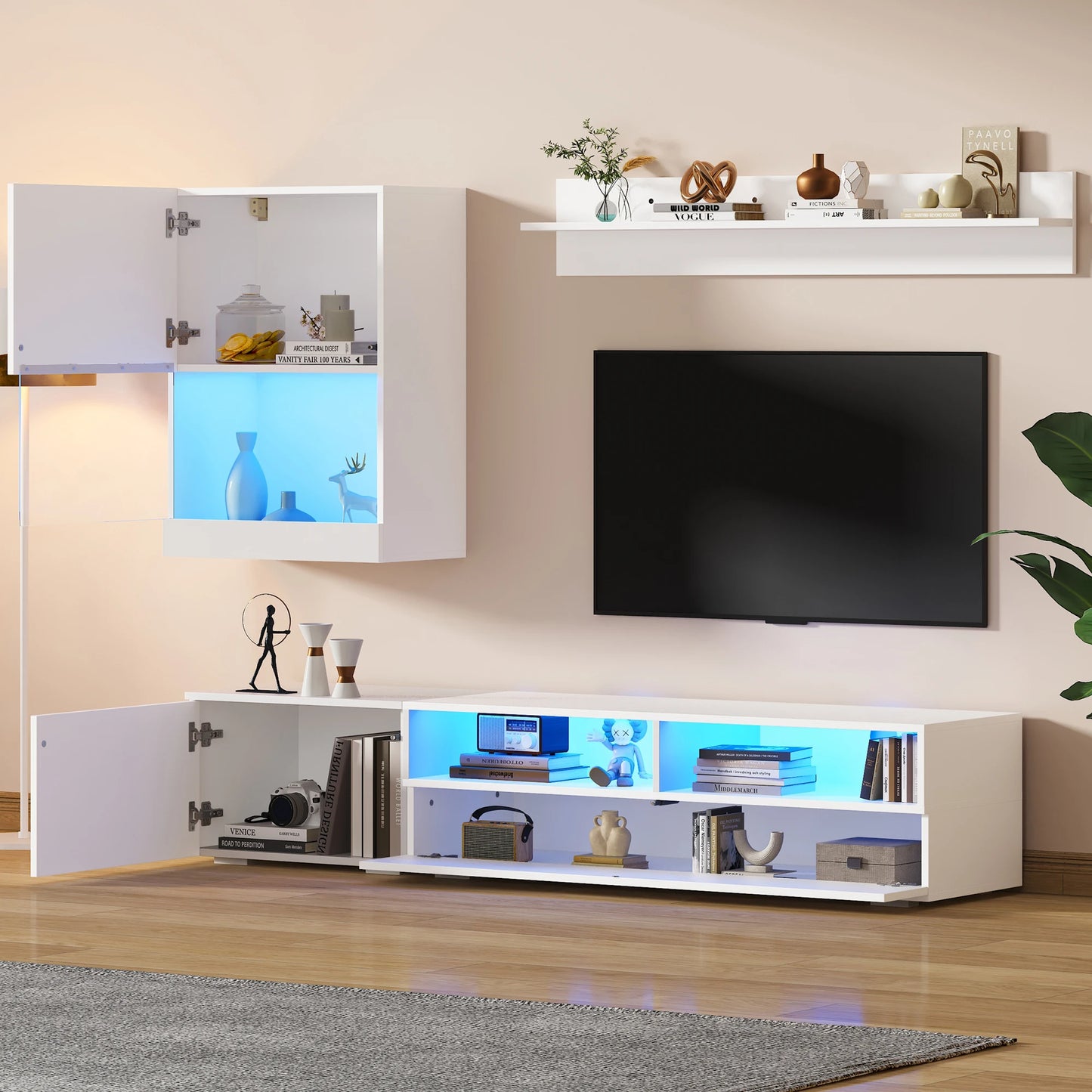TV Meubel – TV Kast – TV Wandmeubel – TV Dressoir – TV Rek – Hoogglans Wit – LED Verlichting – Complete 3-Delige Set 175x39x34 cm - QUORE
