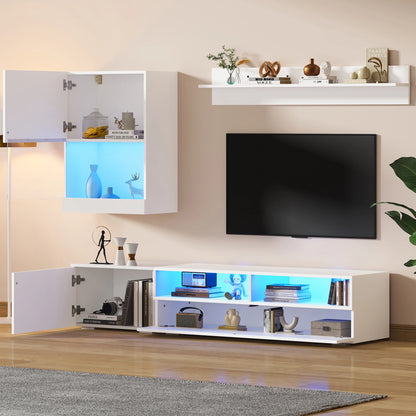 TV Meubel – TV Kast – TV Wandmeubel – TV Dressoir – TV Rek – Hoogglans Wit – LED Verlichting – Complete 3-Delige Set 175x39x34 cm - QUORE
