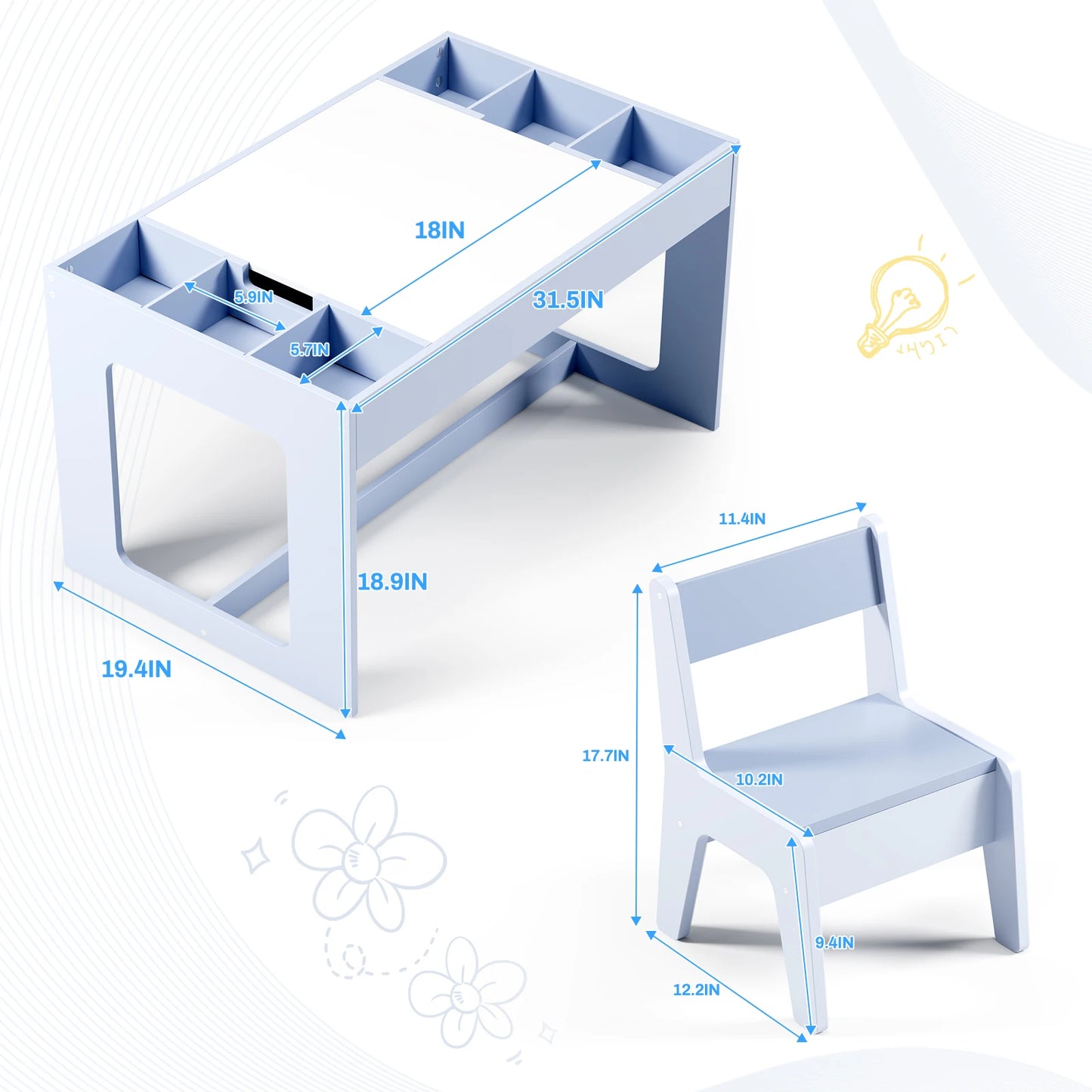 Kindertafel Met 2 Stoeltjes – Speeltafel – Tafelset – Kindertafel Hout – Krijtbord Tafel – Multifunctioneel – Met Opbergruimte - QUORE