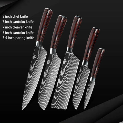 Keukenmessen - Knife set - Chef Knife - Knives - Kitchen Knife - Roestvrij staal met hoog koolstofgehalte - Damascus-tekening - Hakmesset - Santoku-koksmes - 7stuks