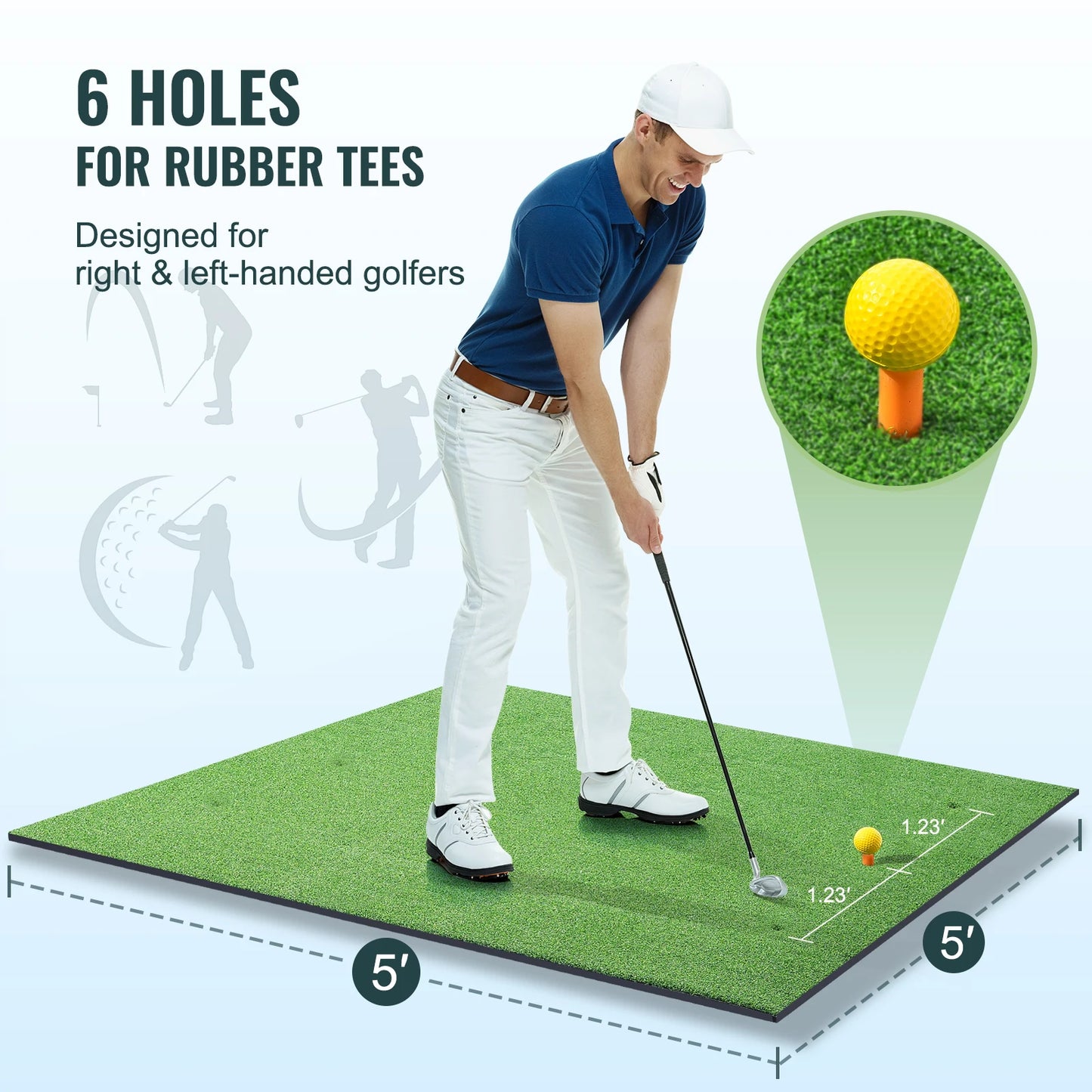 Golf oefenmat met 2 rubberen tees en 2 uitlijnstokken – Golfmat met 6 slagposities – Voor binnen- en buitengebruik – Golf trainingsset
