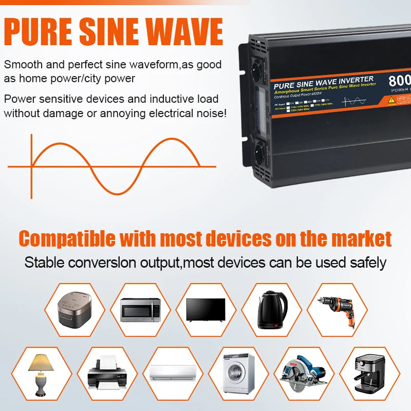 Power Inverter 8000W Zuivere Sinus – Stroomomvormer – DC Naar AC Omvormer – 12V naar 220V – Camper Omvormer – Compact & Draagbaar – Continu Vermogen 4000W, Piekvermogen 8000W