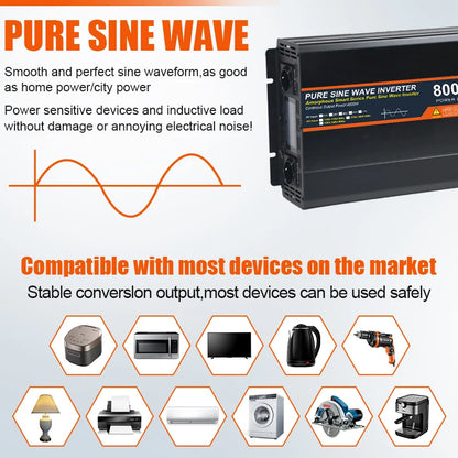 Power Inverter 8000W Zuivere Sinus – Stroomomvormer – DC Naar AC Omvormer – 12V naar 220V – Camper Omvormer – Compact & Draagbaar – Continu Vermogen 4000W, Piekvermogen 8000W