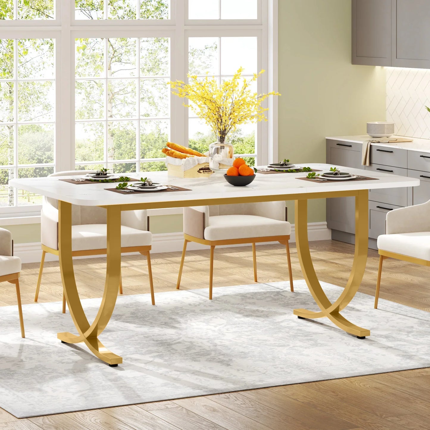 Eettafel – Tafel – Eetkamertafel – Bureau – Ontbijttafel – 160 Cm – Wit Marmerlook – Gouden Metalen Poten - Donkergrijs
