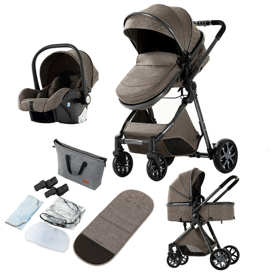 Stroller - 3 in 1 Portable Stroller - Jogging Buggy - Runner - Lightweight Stroller - Baby Stroller - Pushchair - Travel Stroller for Newborn Baby - High Landscape - 3 Pieces Buggy Pram - Chocolate