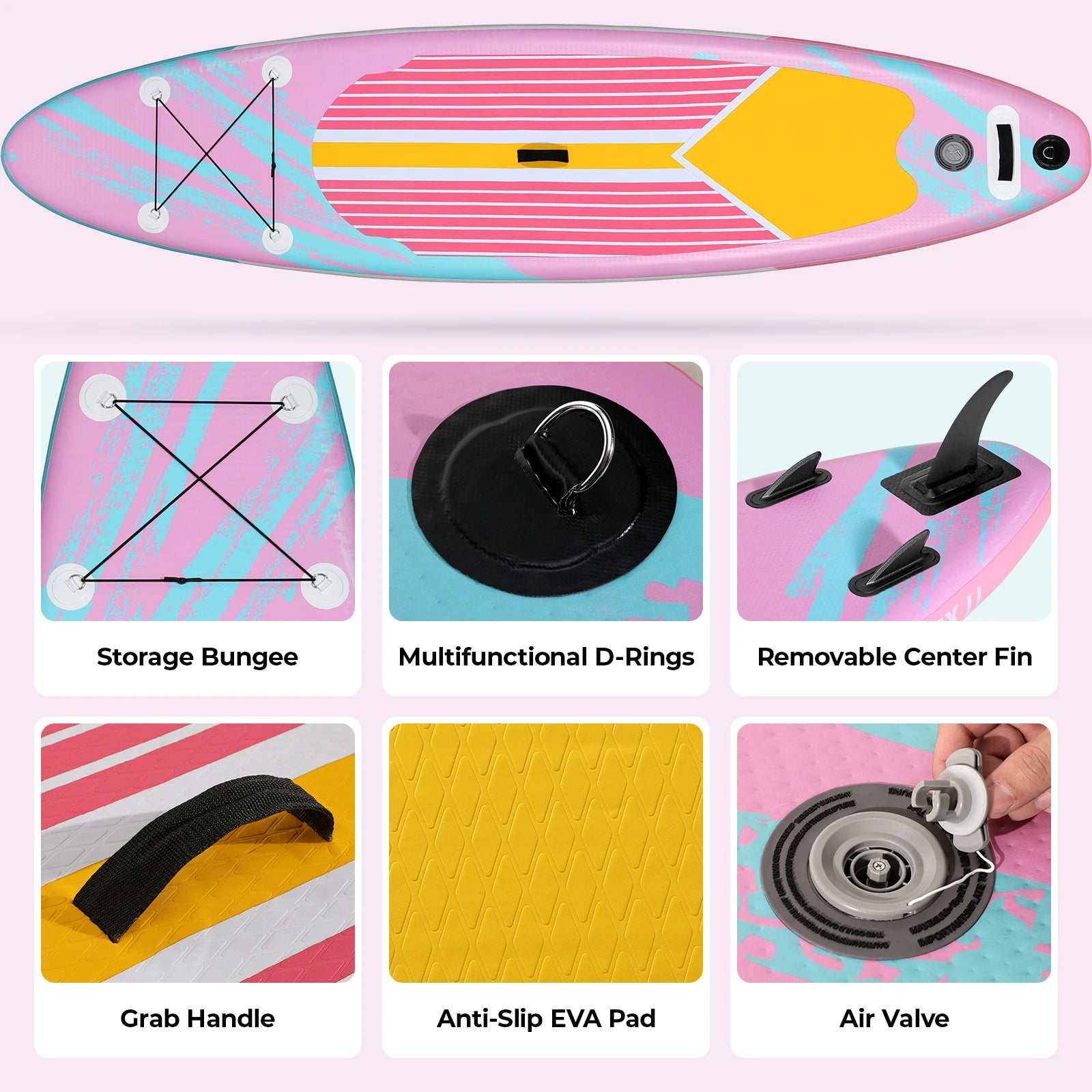 Opblaasbaar Stand Up Paddle Board – SUP Board – Paddleboard – Inflatable SUP – Supplank – Anti-slip EVA Dek – Inclusief Aluminium Peddel & Draagtas 305x77x15,5 cm – Max 105 kg - Roze - QUORE