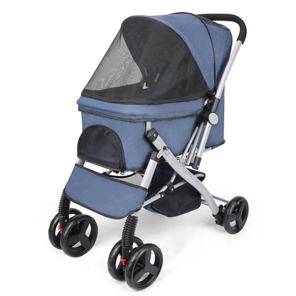 Hondenbuggy - Hondenkar - Kattenbuggy - Opvouwbare - Huisdierenbuggy - met Roterende Wielen en Rem – Tot 36 kg – Opvouwbaar met Opbergmand voor Kleine en Middelgrote Honden - Blauw