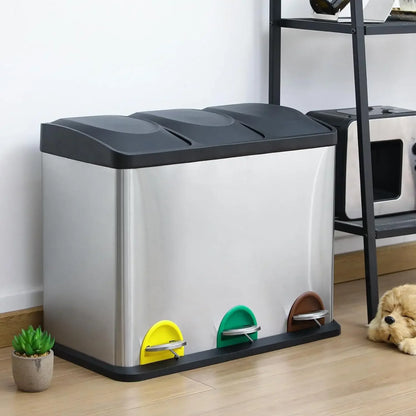 Prullenbak - Afvalbak - Trash Bin - Waste Bin - Prullenbakken  3-Vaks 24L – RVS Afvalscheiding voor Keuken – 3x8L – Soft-Close Deksel & Uitneembare Binnenemmers