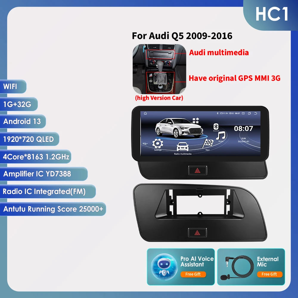 Hizpo AI Voice WIFI 4G-LTE Android 14Car Radio for Audi Q5 2009-2016 Multimedia Video Player GPS 2din BT Autoradio