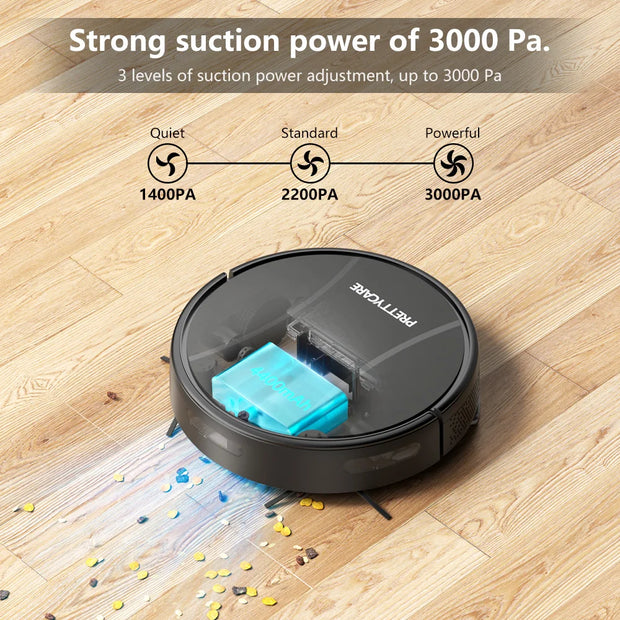 PrettyCare - Robotstofzuiger - Stofzuiger - Vloermop - HEPA-filter - 3000Pa - Alexa - WiFi - App - Zwart