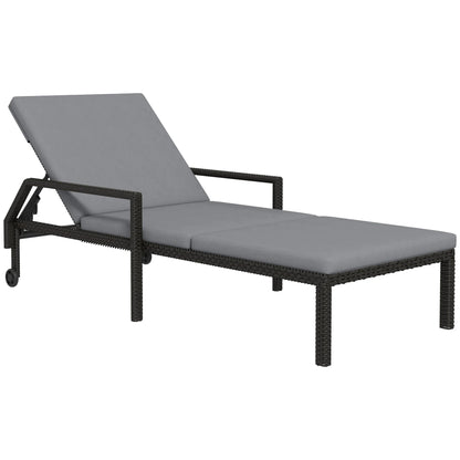 Rattan Lounger met Verstelbare Rugleuning - Handgeweven PE Rattan en Metalen Frame - Met Wielen - 5 Posities - 73x200x48 cm - Donkergrijs