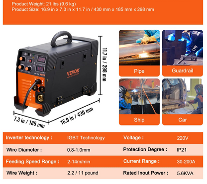 Lasapparaat – MIG Lasmachine – TIG Lasapparaat – MMA Lasapparaat – Inverter Lasapparaat – 200A 220V – IGBT Technologie – Compact & Lichtgewicht - QUORE