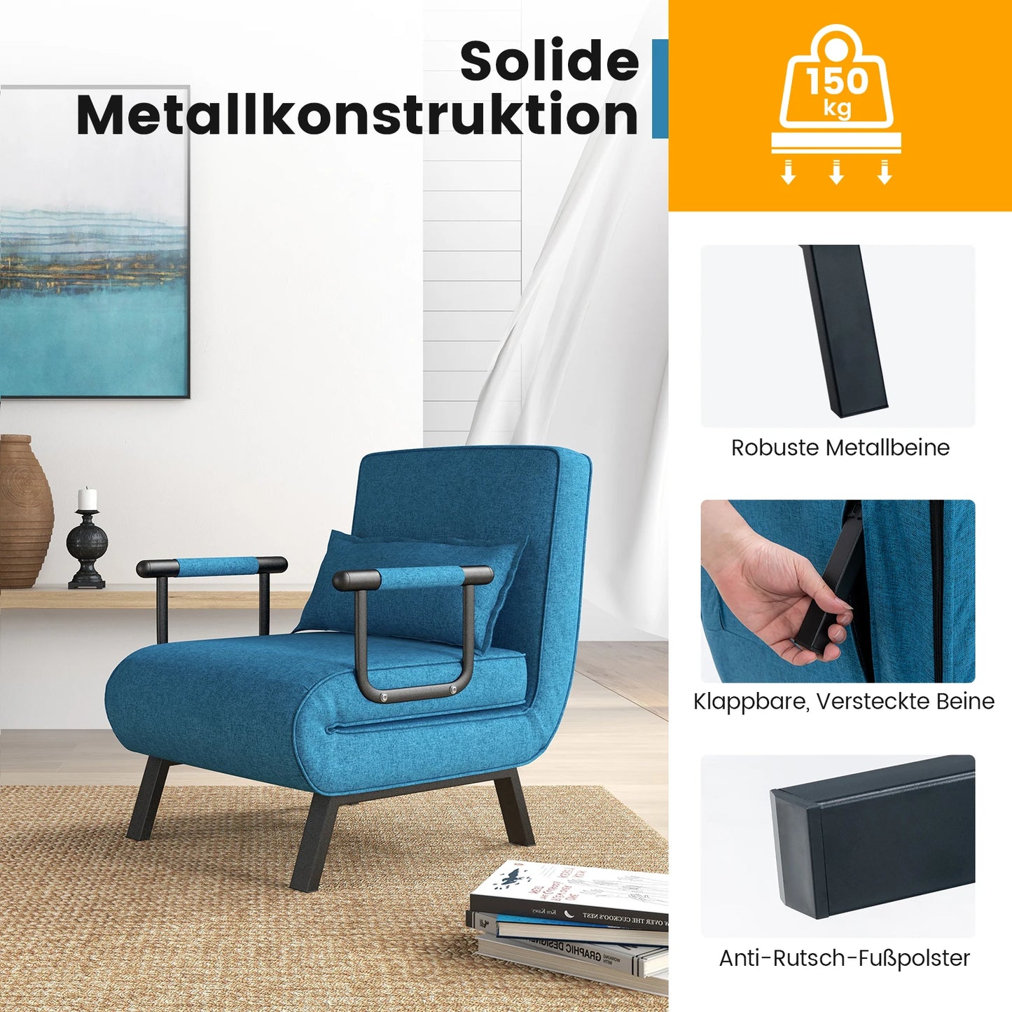 4-in-1 Opvouwbaar Slaapbank – Verstelbare Rugleuning – Verwijderbaar Kussen en Gewatteerde Zitting – Slaapbank met Metalen Frame – Draagvermogen tot 150 kg (Blauw) – Daybed