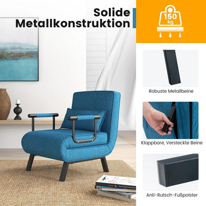 4-in-1 Opvouwbaar Slaapbank – Verstelbare Rugleuning – Verwijderbaar Kussen en Gewatteerde Zitting – Slaapbank met Metalen Frame – Draagvermogen tot 150 kg (Blauw) – Daybed