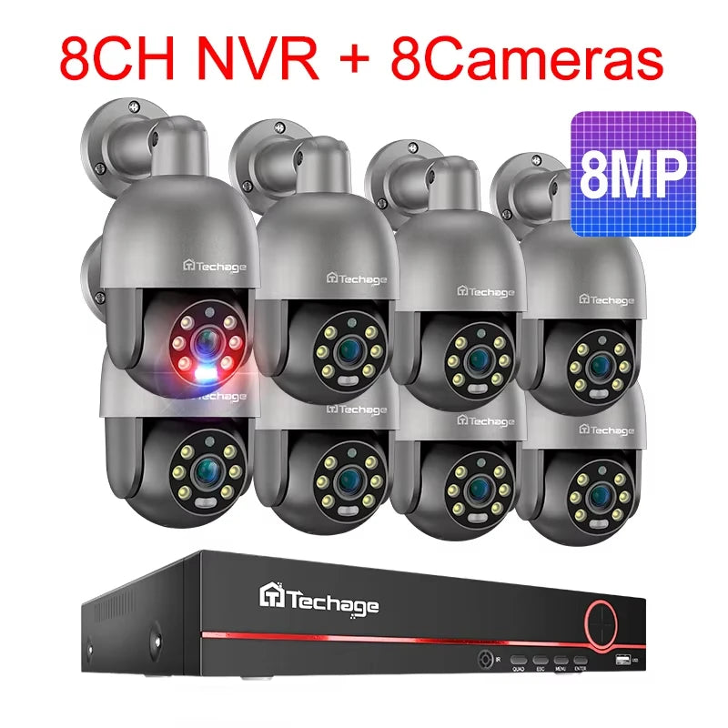 Tecahge 8CH 8MP 5MP CCTV Security POE Camera System PTZ H.265 4K Outdoor AI Human Detection Two-way Audio NVR Record Surveillanc