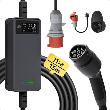 Type 2 EV Lader – Elektrische Autolader – Oplaadkabel – Laadstation – EV Charger – 11 kW 16A 3-Fase – 15 Meter Kabel Met EU Schuko Adapter