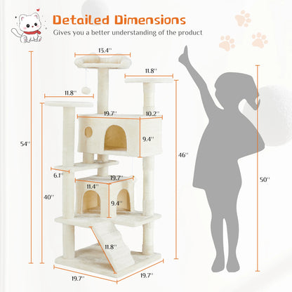 Krabpaal - voor Katten - Krabton - Hoge Kattenboom – 54inch - Multi-Level Krabpaal - Stabiele Kattenboom - Zacht en Knus - met Sisal en Huisjes - Beige