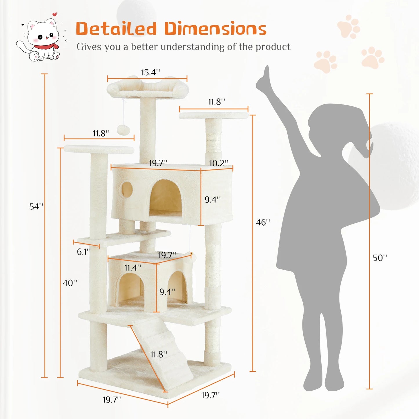 Krabpaal - voor Katten - Krabton - Hoge Kattenboom – 54inch - Multi-Level Krabpaal - Stabiele Kattenboom - Zacht en Knus - met Sisal en Huisjes - Donkergrijs