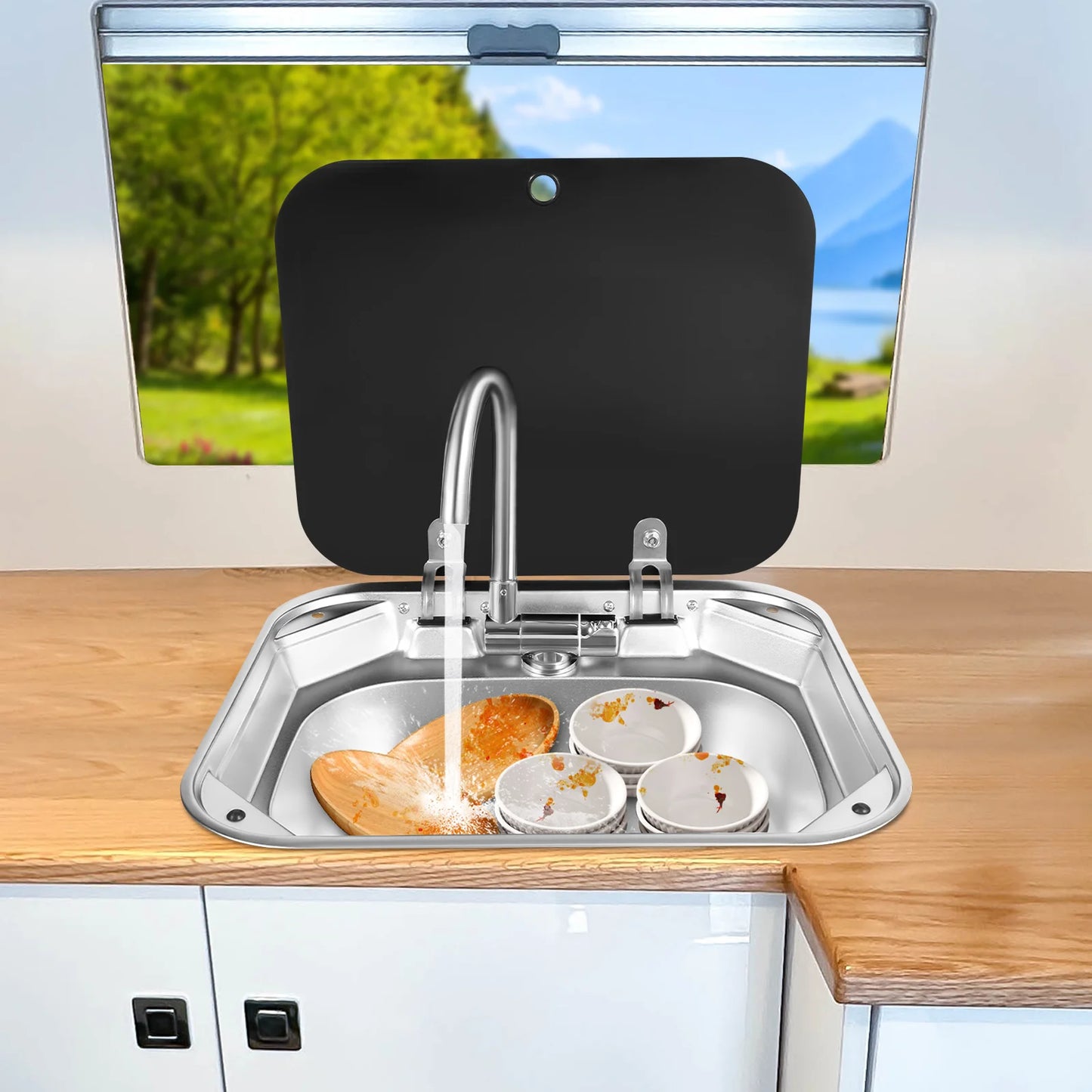 Campingwasbak – Opbouw Spoelbak – Inbouw Wastafel – Mobiele Afwasbak – Buitenkeuken Wasbak – Compact Formaat – RVS Met Glazen Deksel