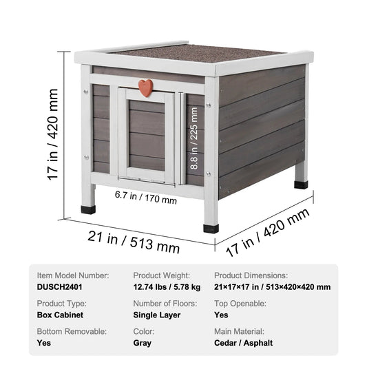 Kattenhuis - Kattenhok - Weerbestendig Houten - Geïsoleerd Buitenverblijf - voor Feral Katten - en Konijnen - Ruim en Veelzijdig - Grijs - 20inch - QUORE