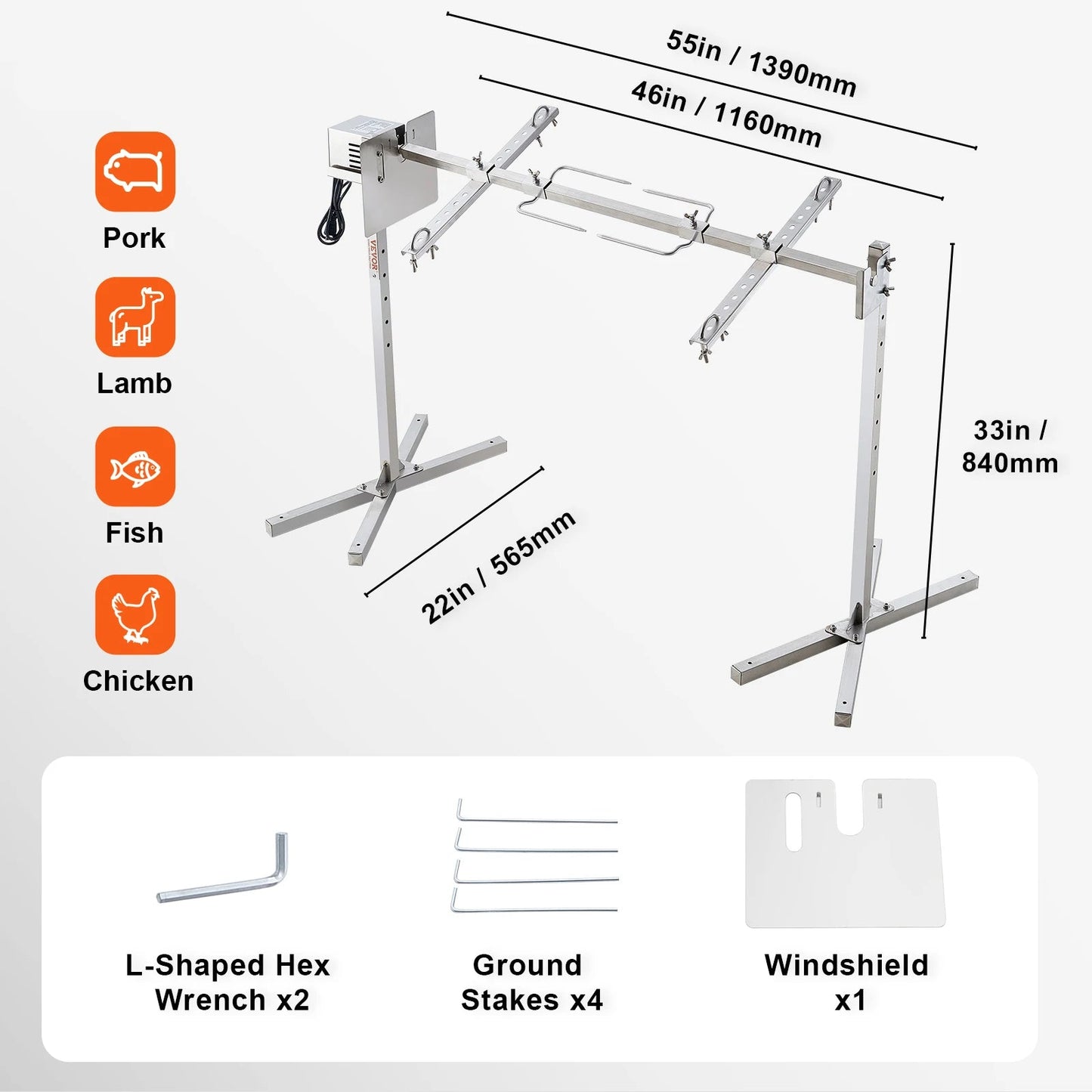 Electric BBQ - Barbecue Grill - Rotisserie Grill Kit - Braadstandaard - Automatisch - 42W Motor - Hoogte Verstelbaar - Universeel - Spitstang - Met Hitteschild - RVS - 139 x 56.5 x 84 cm - Zilver