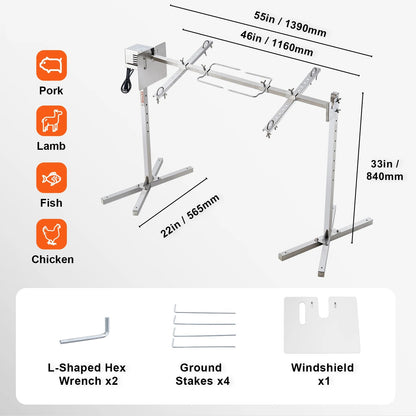 Electric BBQ - Barbecue Grill - Rotisserie Grill Kit - Braadstandaard - Automatisch - 42W Motor - Hoogte Verstelbaar - Universeel - Spitstang - Met Hitteschild - RVS - 139 x 56.5 x 84 cm - Zilver