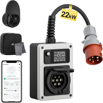 Mobiele 22KW Wallbox – Mobiele Lader – Elektrische Auto Oplader – EV Laadstation – Draagbare Laadpaal – Met App – Snel Laden Tot 22KW – Veilig Met Aardlekschakelaar - QUORE
