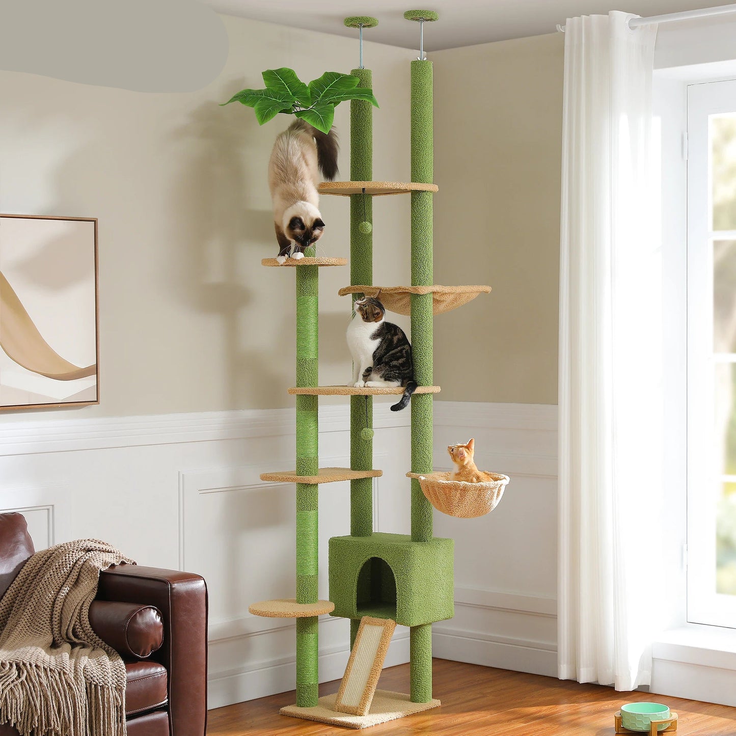 Kattenboom - Kitten Krabpaal - Katten Klimmuur - Sisal Krabpalen - Verstelbare Hoogte 230-255cm - Meerdere Verdiepingen - Cactus Floor to Ceiling - Arbre a Chat - Hangmatten - Groen