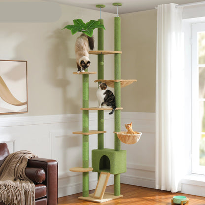 Kattenboom - Kitten Krabpaal - Katten Klimmuur - Sisal Krabpalen - Verstelbare Hoogte 230-255cm - Meerdere Verdiepingen - Cactus Floor to Ceiling - Arbre a Chat - Hangmatten - Roze