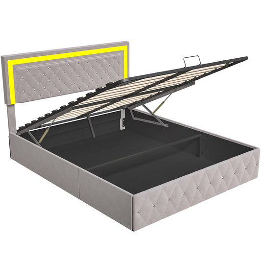 Bed – Bedframe – Opbergbed – Gestoffeerd Bed – Velvet Bekleding – LED-Verlichting – 300 Kg Draagvermogen - Ivoor - 180 x 200 cm