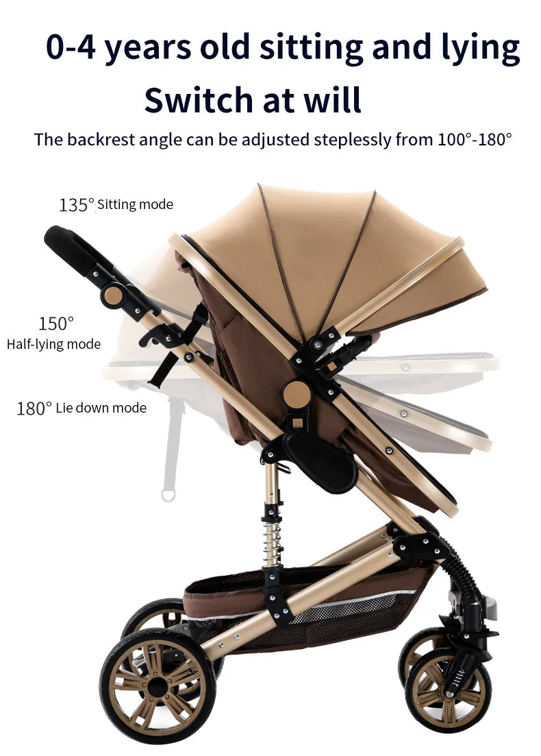 3 in 1 Baby Stroller High Landscape Foldable Lightweight Pushchair with Reclining Seat for Newborn to Toddler Travel - QUORE