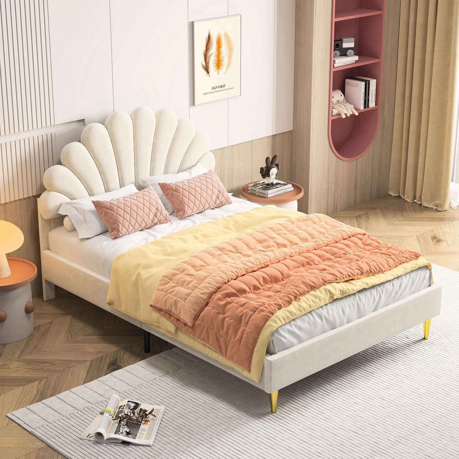Bedbank – Kinderbed – Slaapbank – Tweepersoonsbed – Gestoffeerd Bed – 140x200 cm – Fluwelen Bekleding – Bloemvormig Hoofdbord - QUORE