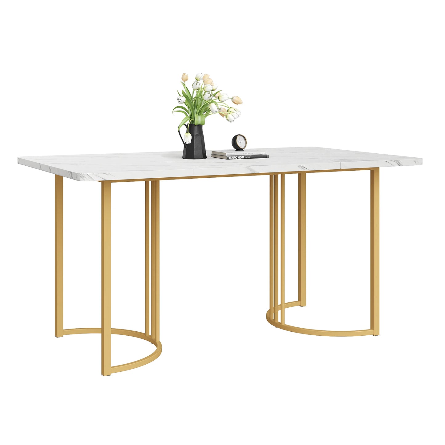 140 x 80cm Dining Table (1 Piece), Modern Kitchen Table, Metal Frame Rectangular Dining Table with Modern Marble Pattern