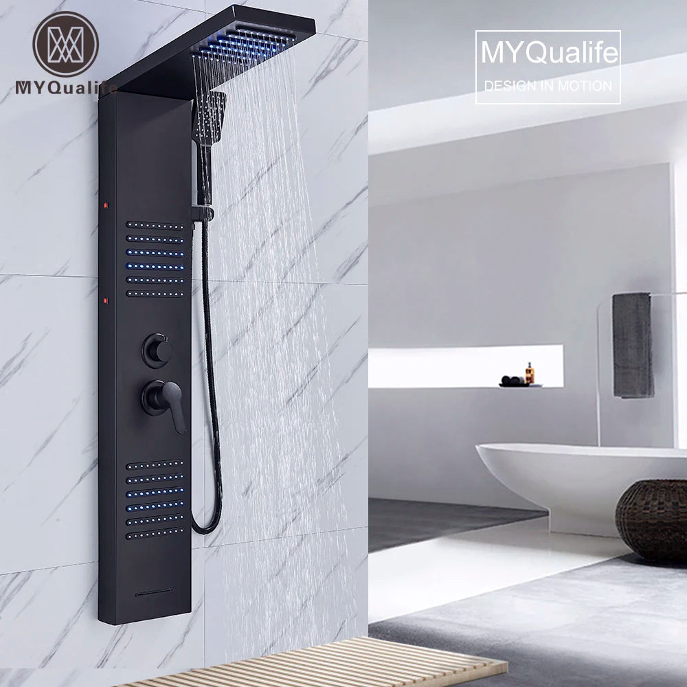 Douche - Regendouche - Douchewand - Douchekolom - Douchepanelen - Mat Zwarte LED Douchezuil - Waterval & Regendouche - Massagejets - Dubbele Bediening - Zwart - QUORE