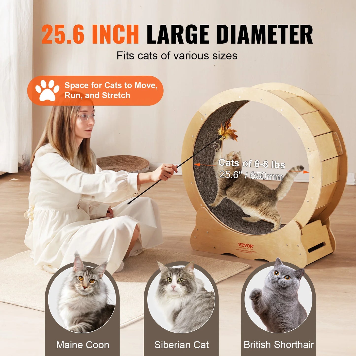 VEVOR Katten Loopwiel Stil - 29,5 Inch Kattenloopwiel - Looprad Kat - Eenvoudige Montage en Reiniging - Houten Kattenloopwiel met Afneembaar Tapijt - QUORE