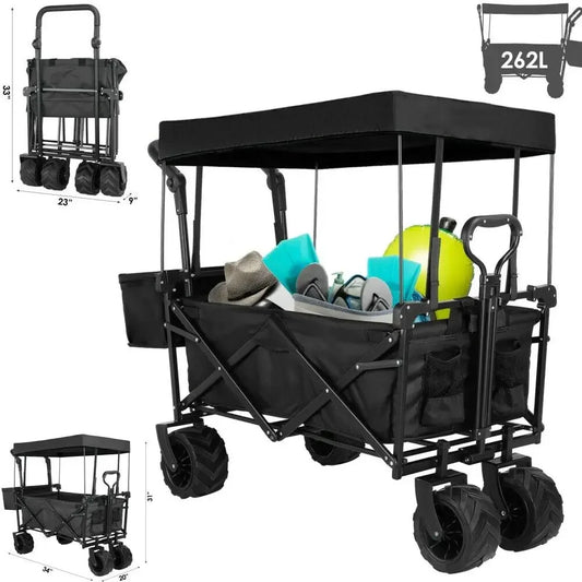 Bolderkar - Bolderwagen - Opvouwbare - met Afneembare Luifel - Tuinkar - Tuinwagen - Tuintrolley voor Strand, Camping of Caravan - Laadvermogen 75kg - 262L - Zwart