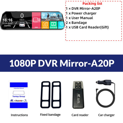 Dashcam voor Auto - 10 Inch Touchscreen Spiegelcamera - 1080P AHD Dashcam met Nachtzicht - G-Sensor - Parkeermodus - Groothoek 170° - Zwart