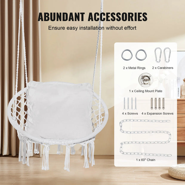 Hangmat - Hangmat voor Twee Personen - Hanging Chair - Hamac - Hammock Chair -  Schommelstoel - 330 lbs capaciteit - Macramé Hangstoel Katoenen Touw - voor Slaapkamer Balkon Patio Tuin - Wit