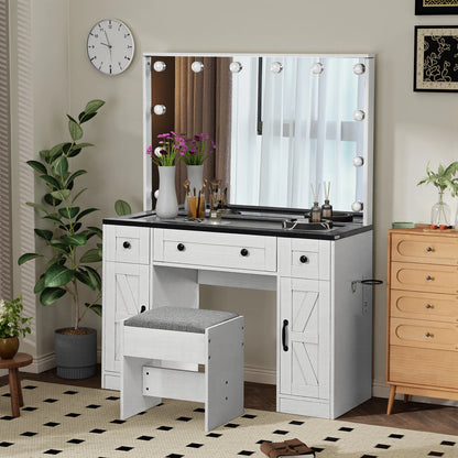 Make-Up Tafel – Make-Up Bureau – Dressing Tafel – Visagie Tafel – Verlichte Spiegel – Ruime Opbergruimte – Inclusief Comfortabele Kruk