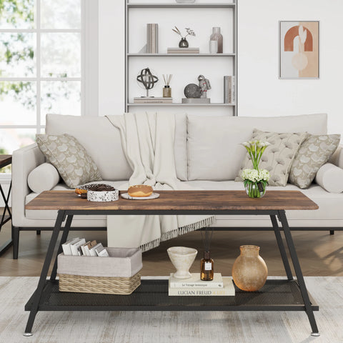 Industrial Coffee Table – 2-Layer Design – Metal Frame – Wood Look – With Storage Rack – Rustic Brown