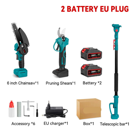Mini Kettingzaag - Kettingzaag - Snoeizaag - Takkenzaag - Handzaag - Telescoop Kettingzaag - 3500W - 3-in-1  - Automatische Kettingsmering - Brushless - Tuin Schaar Snoei Gereedschap -  2 Batterij EU Stekker - QUORE