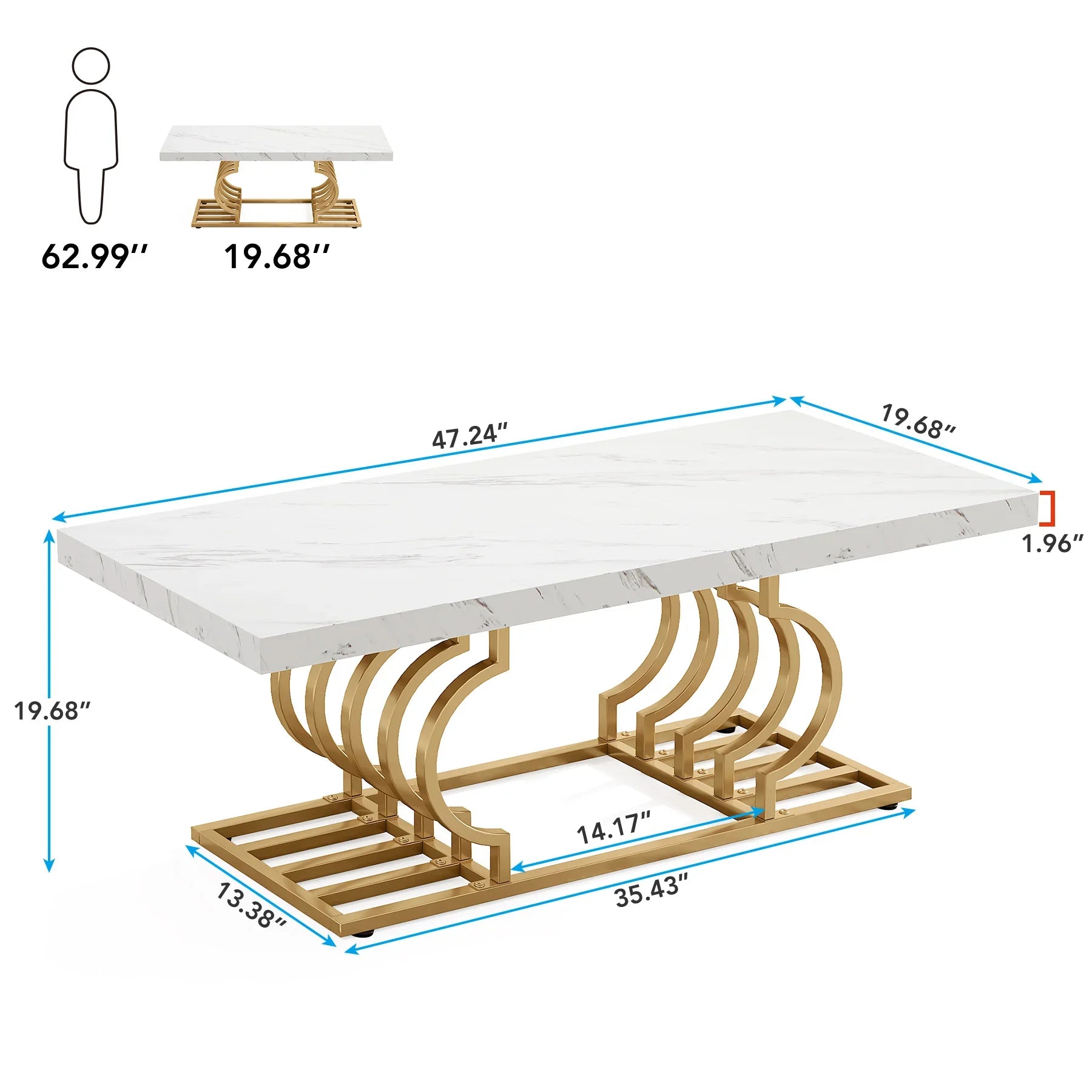 Salontafel – Koffietafel – Bijzettafel – Woonkamertafel – Tafel – Marmerlook Tafelblad – Geometrisch Metalen Frame – 120x60 cm – Lichtgewicht Design - QUORE