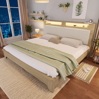 Bedframe – Tweepersoonsbed – Houten Bed – Platformbed – Gebruikt als Bedombouw – 140x200 cm – LED Verlicht Hoofdbord – Met Opbergruimte en Gestoffeerde Rugleuning