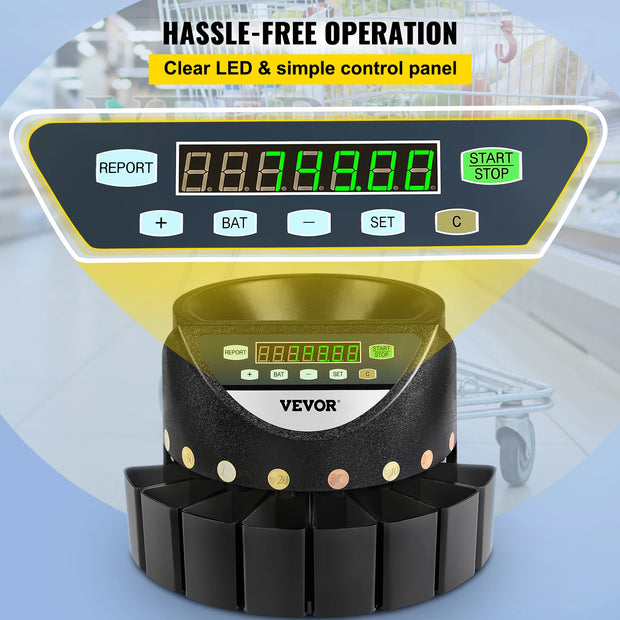 VEVOR Euro Munt Sorter en Teller - 300 Munten per Minuut - Professionele Elektrische Automatische Muntmachine met LED Display - Ideaal voor School, Winkel, Bank en Commercieel Gebruik - QUORE