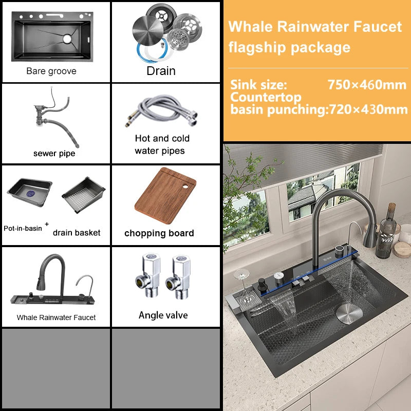 Stainless Steel Waterfall Kitchen Sink Large Single Slot With Digital Display Faucet Apartment Multifunctional Wash Basin