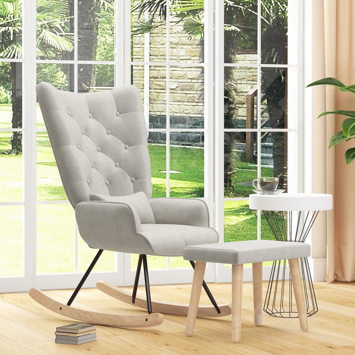 Relaxfauteuil – Relaxstoel – Schommelstoel – Fauteuil Met Voetenbank – Fluweel Crème – Rubberhout – Schommelende Beweging