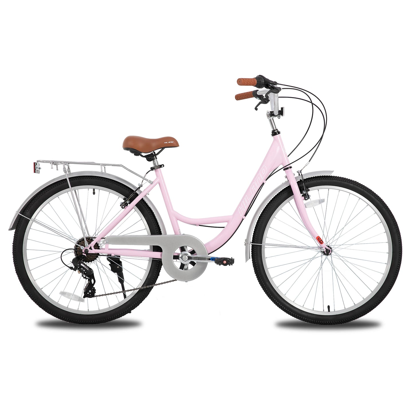 HILAND 26 inch Complete Beach Cruiser Bike for Adults, 7 Speed Step-Through Frame Womens Bicycle with Rear Rack, Retrospec Bike