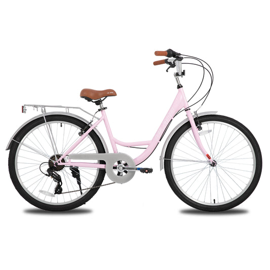 HILAND 26 inch Complete Beach Cruiser Bike for Adults, 7 Speed Step-Through Frame Womens Bicycle with Rear Rack, Retrospec Bike