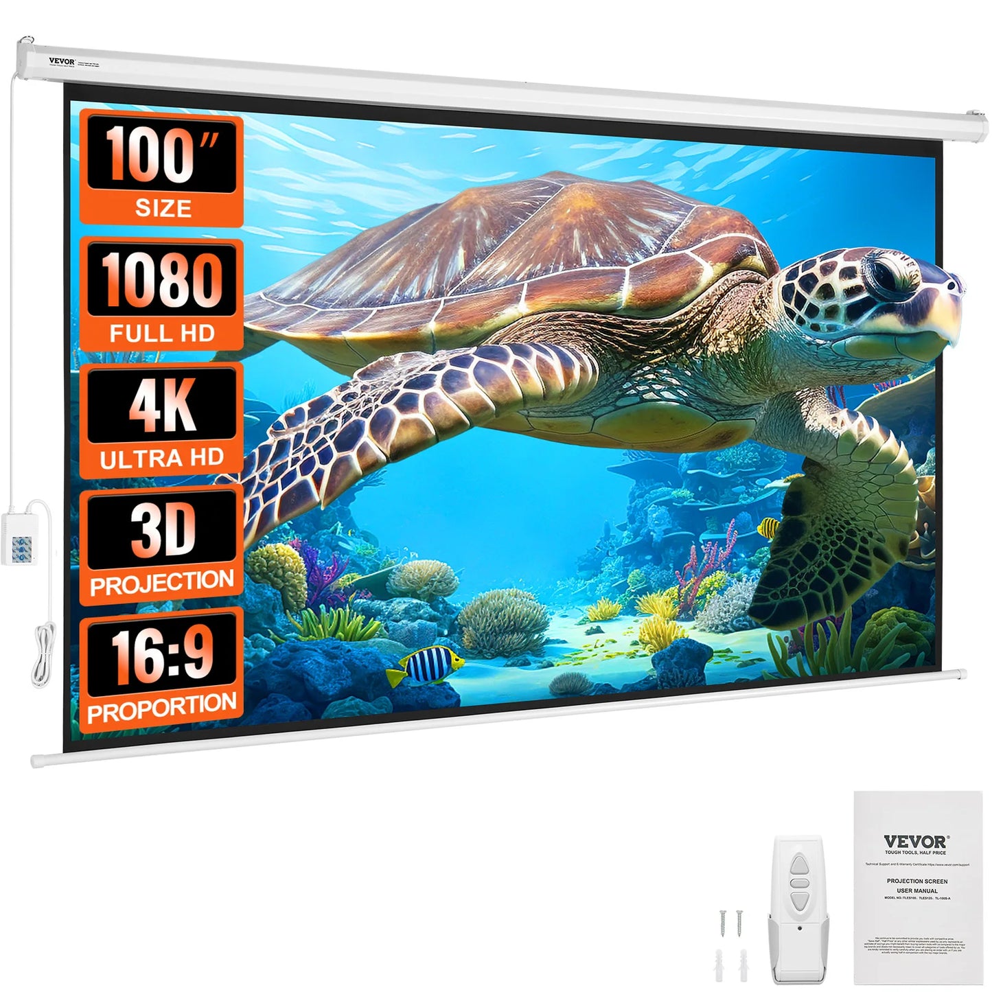 VEVOR Electric Motorized Projector Screen 100/120 inch 16:9 4K 1080 HD Wall Mount Movie Screen for Family Home Office Theater