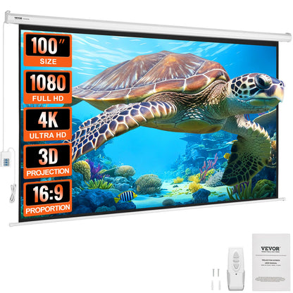VEVOR Electric Motorized Projector Screen 100/120 inch 16:9 4K 1080 HD Wall Mount Movie Screen for Family Home Office Theater